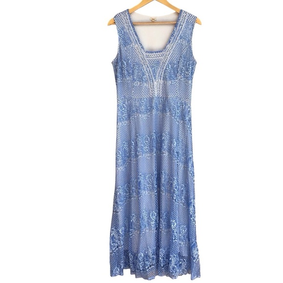 Reba Blue Floral Sleeveless Lace Midi Dress Size Large - Picture 1 of 8